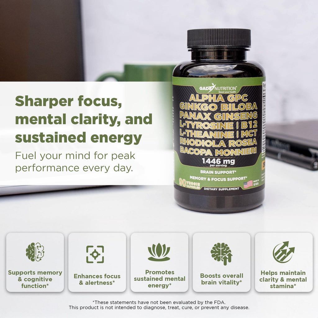 Gade Nutrition Alpha GPC + Ginkgo Biloba + Panax Ginseng + L-Tyrosine, L-Theanine, Bacopa Monnieri, Rhodiola Rosea, B12, MCT