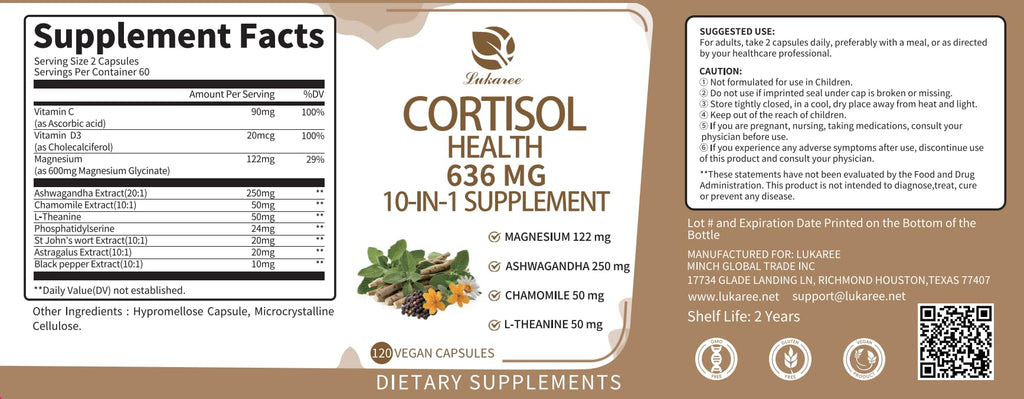 10-in-1 Cortisol Support Supplement – Vegan 120 Capsules | Ashwagandha, L-Theanine, Magnesium