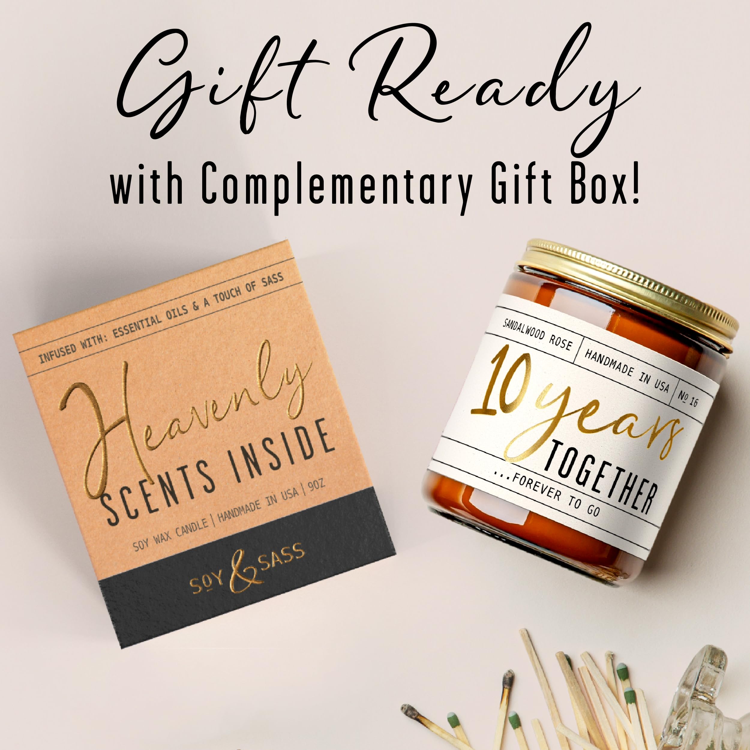10 Year Anniversary Gift for Wife - Soy Candle, Sandalwood Rose | 50Hr Burn, USA Made