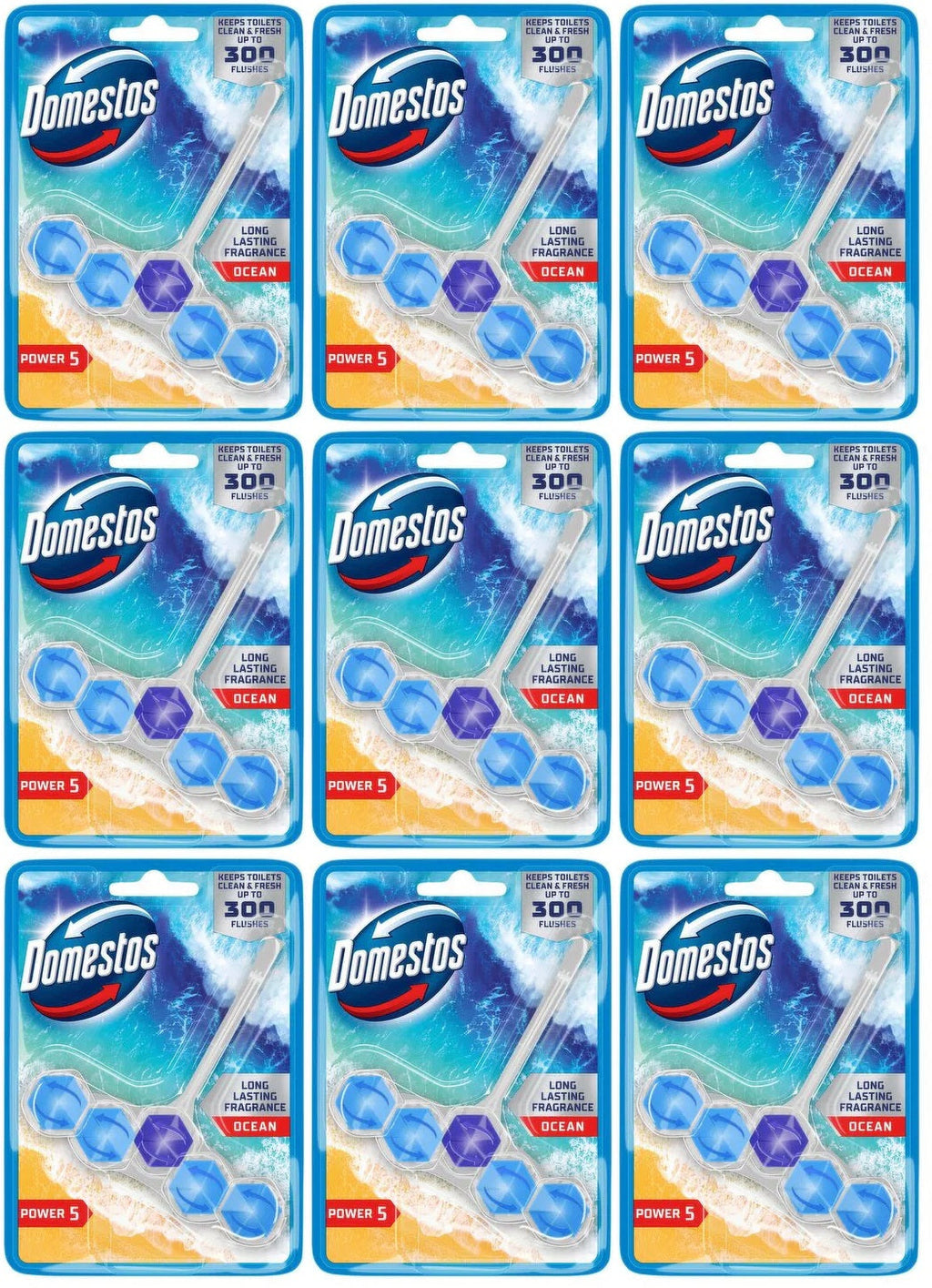 9 x Domestos Power 5 Toilet Rim Block Ocean 50 G