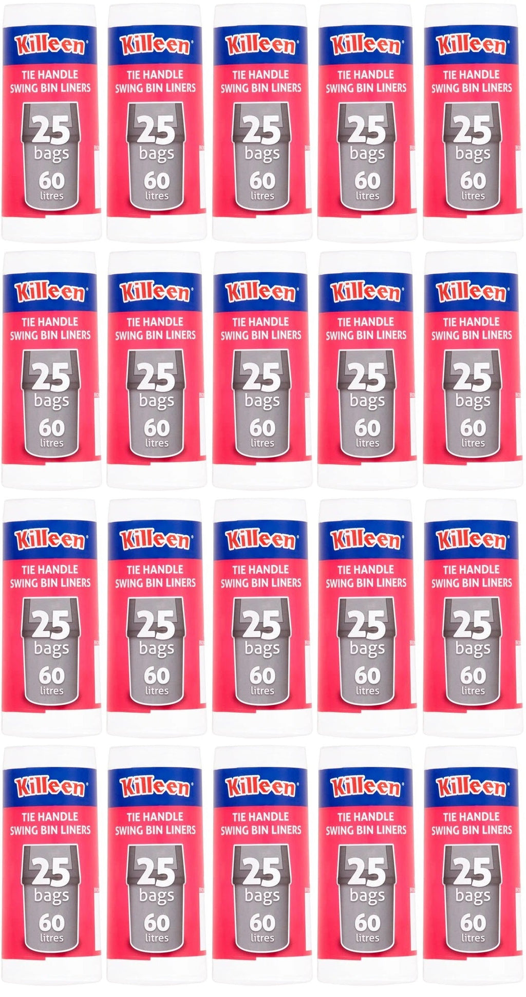 20 x Killeen Swing Bin Liners Tie Handles 60 Litre - 25 PACK