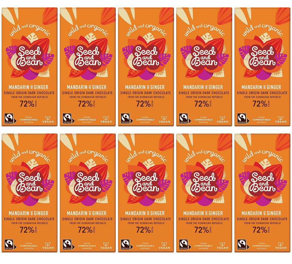 10 x Seed & Bean Dark 72% FT & Org Mandarin/Ginger Bar - 75g