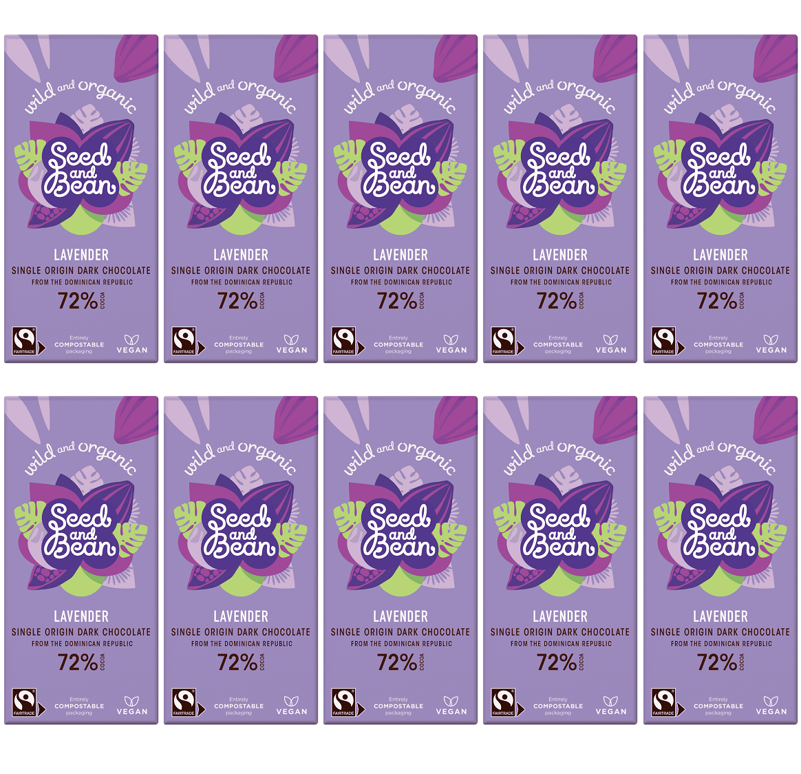 10 x Seed & Bean Dark 72% Fairtrade & Org Lavender Bar - 75g