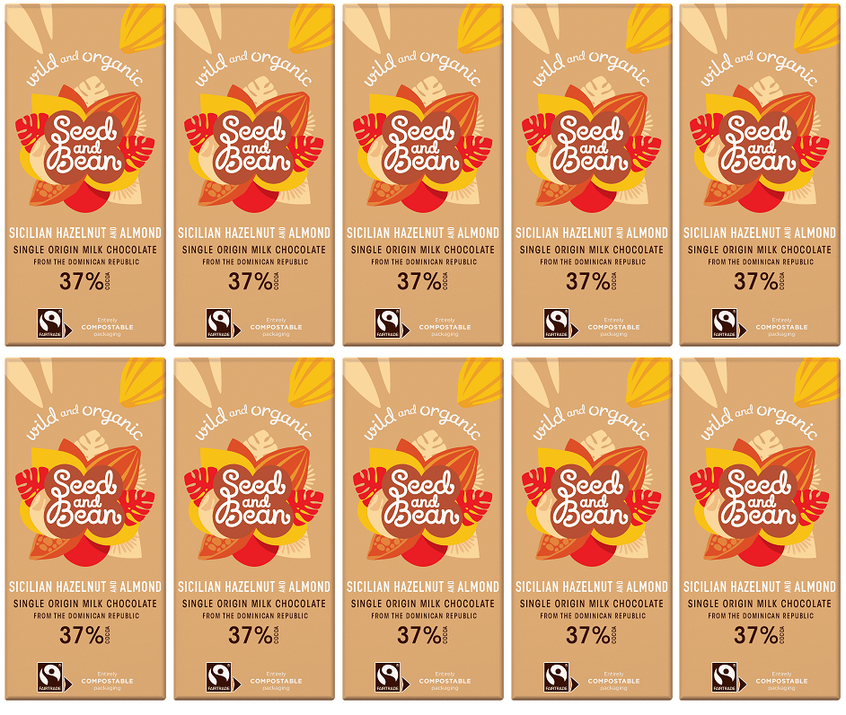 10 x Seed & Bean Milk 37% Hazelnut & Almond FT Org Bar - 75g