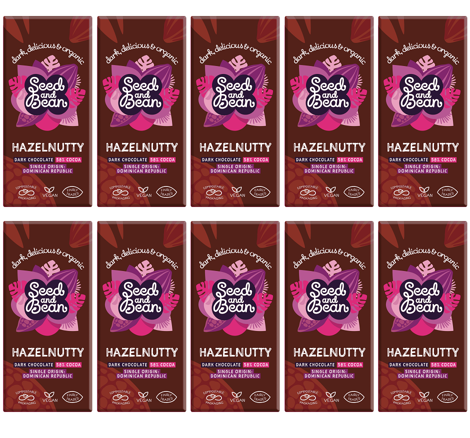 10 x Seed & Bean Dark 58% Hazelnut Fairtrade & Org Bar - 75g