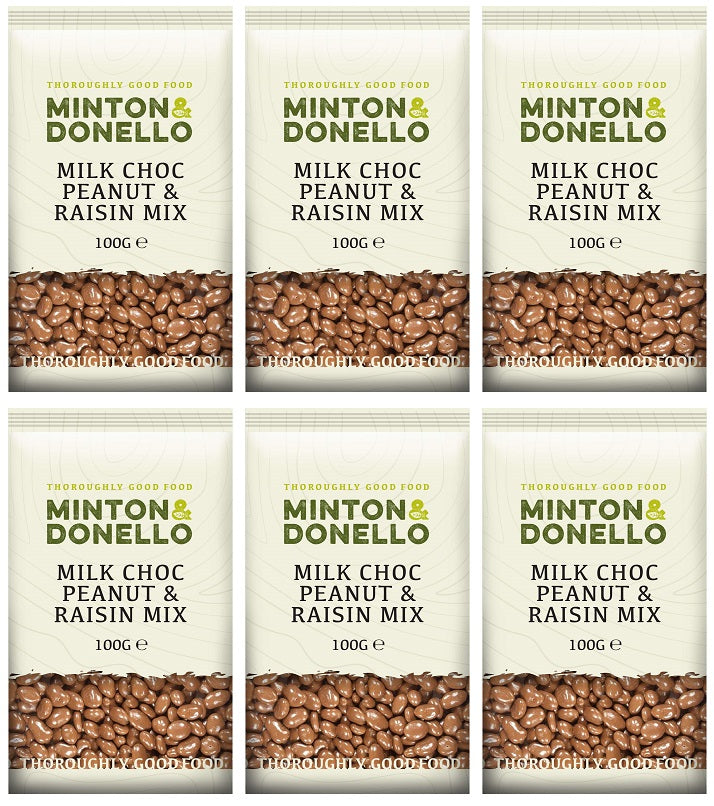 6 x Minton & Donello Milk Choc Peanut & Raisin Mix - 100g