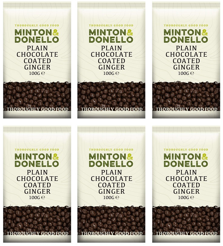 6 x Minton & Donello Plain Chocolate Coated Ginger - 100g