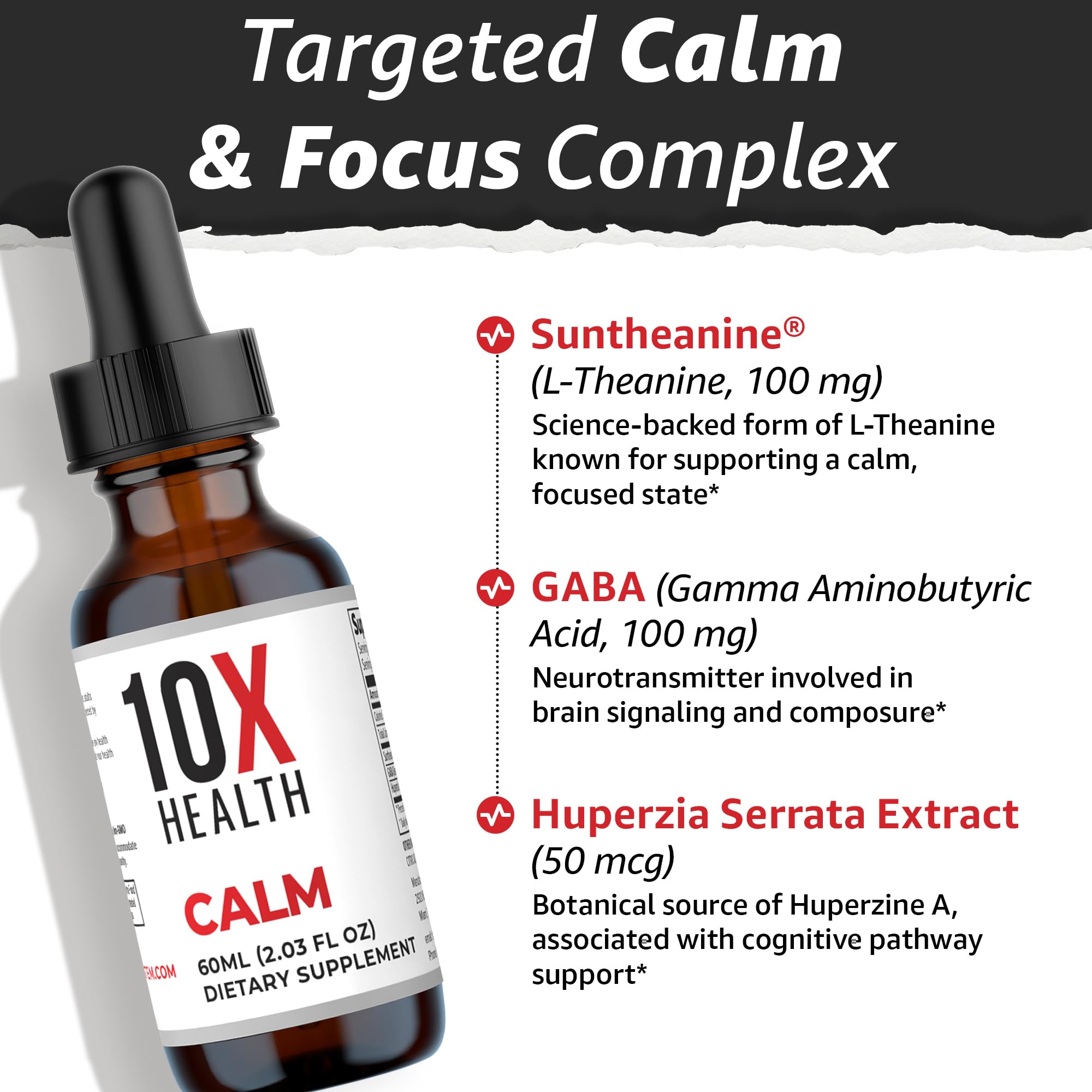 10X Health Calm L Theanine Drops – 100mg L Theanine & 100mg GABA, 2.03 fl oz