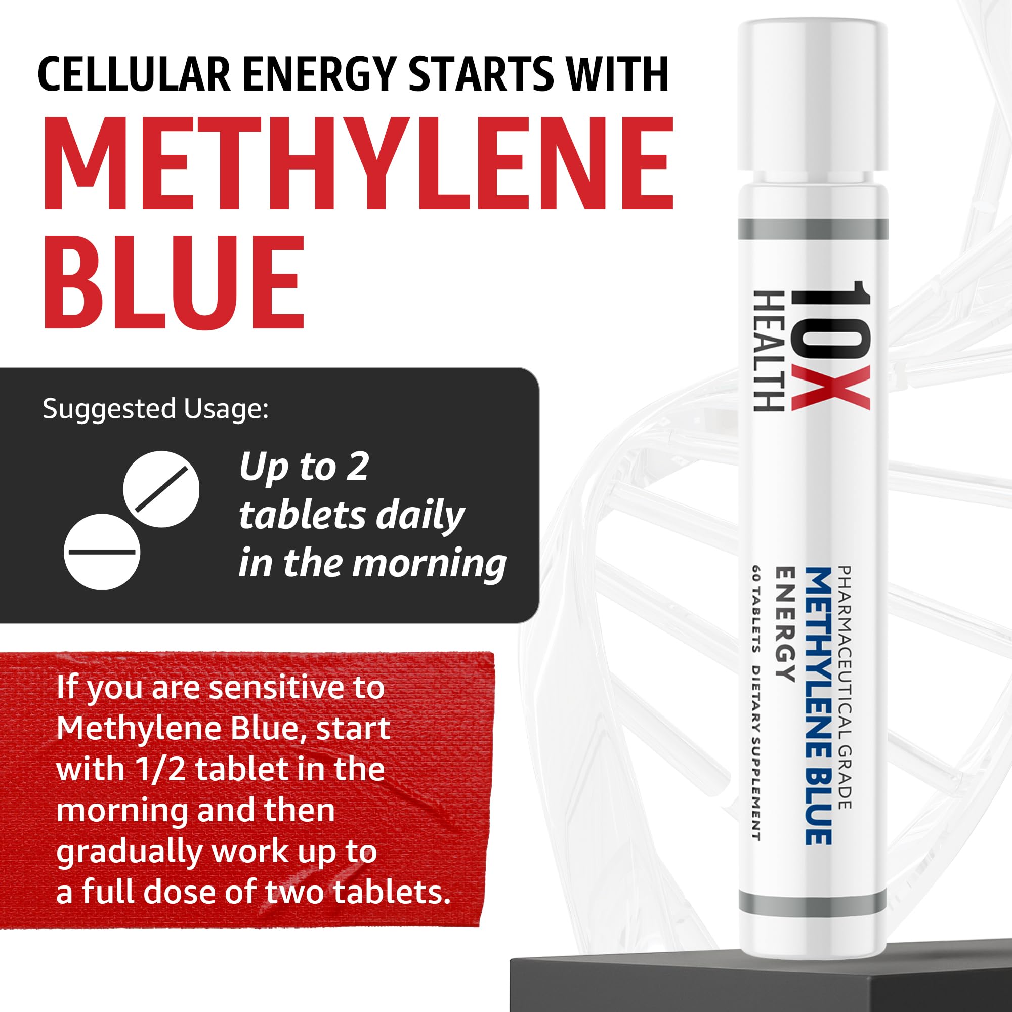 10X Health Methylene Blue Supplement with Black Pepper Extract – 60 Tablets | Energy, Focus & Cognition