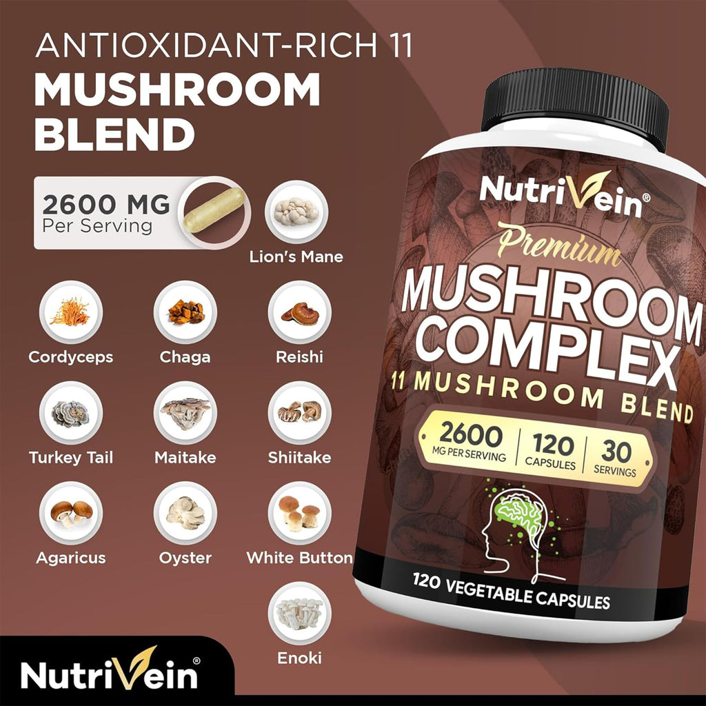 Nutrivein Premium Mushroom Supplement 2600 mg - 120 Capsules - 11-Mushroom Complex (Lion's Mane, Cordyceps, Reishi)
