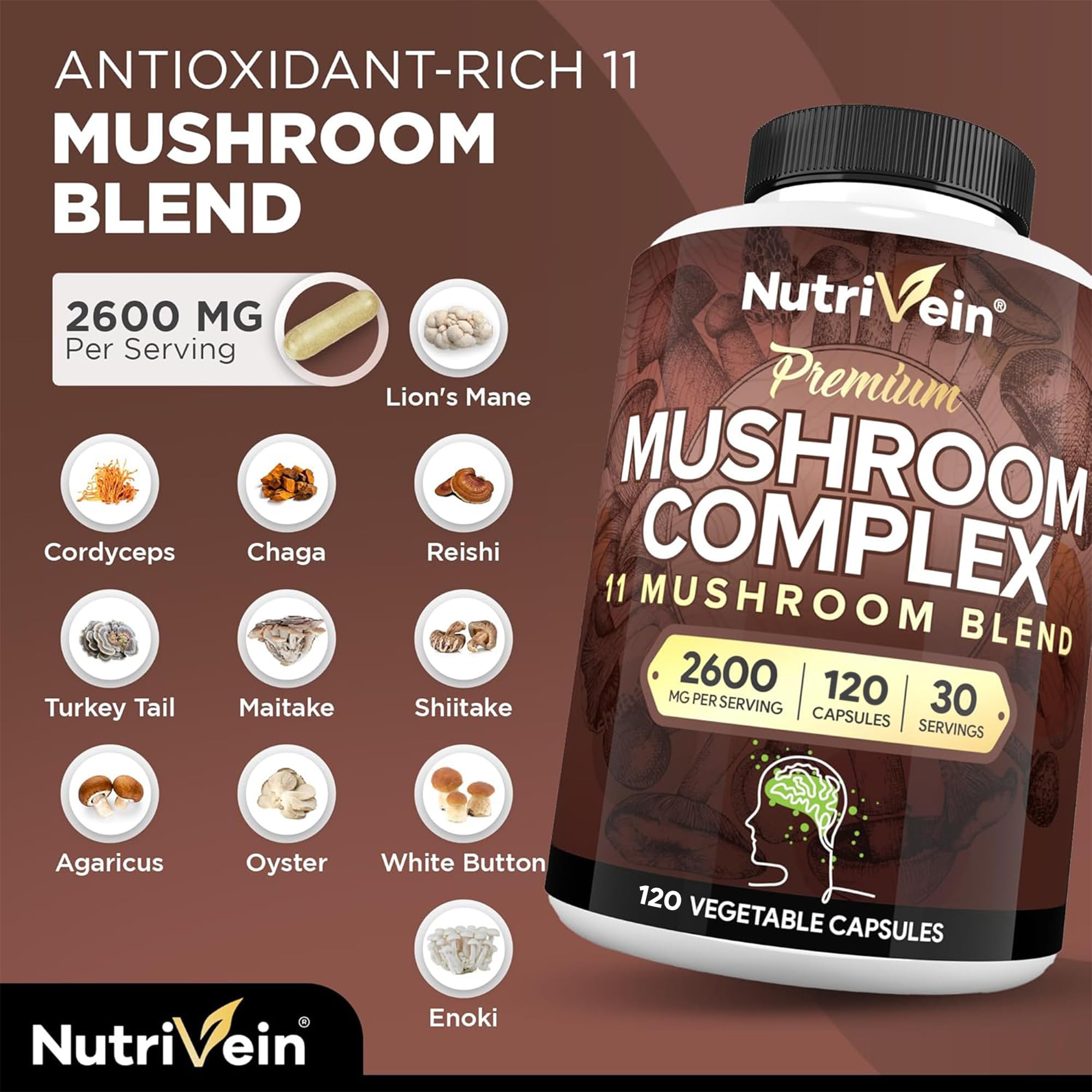 Nutrivein Premium Mushroom Supplement 2600 mg - 120 Capsules - 11-Mushroom Complex (Lion's Mane, Cordyceps, Reishi)