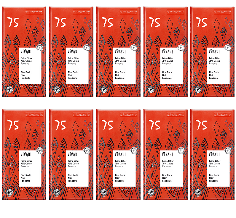 10 x Vivani Fine Dark 75% cocoa + coconut blossom sugar - 80g