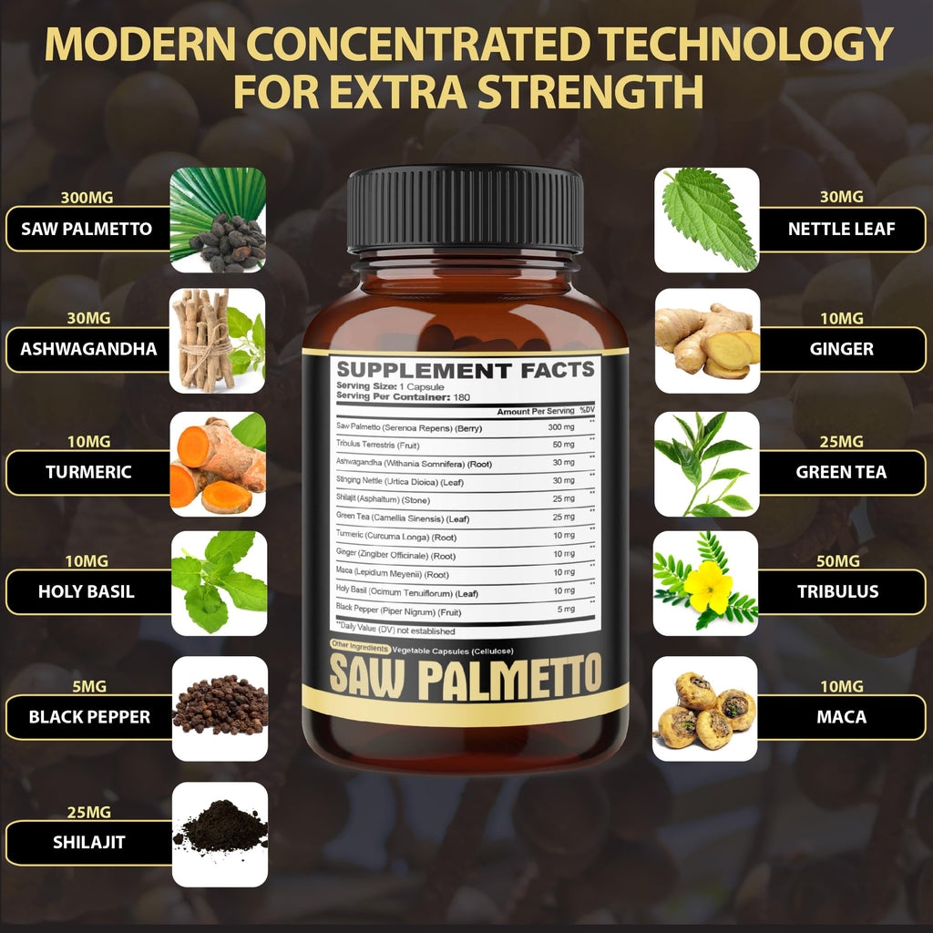 11in1 Saw Palmetto Capsules with Ashwagandha - Prostate & Hair Support - 180 Count (6-Month Supply)