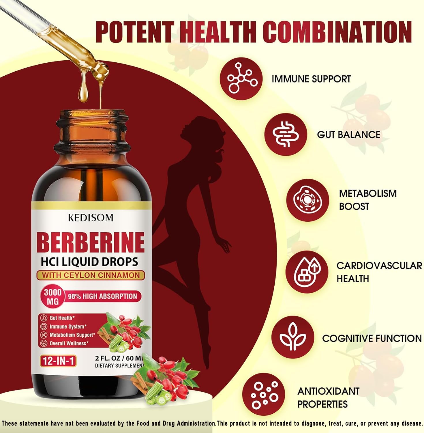 12-in-1 Berberine Liquid Drops – 2 Fl Oz, 3000mg Liposomal Berberine HCL with Cinnamon & Turmeric