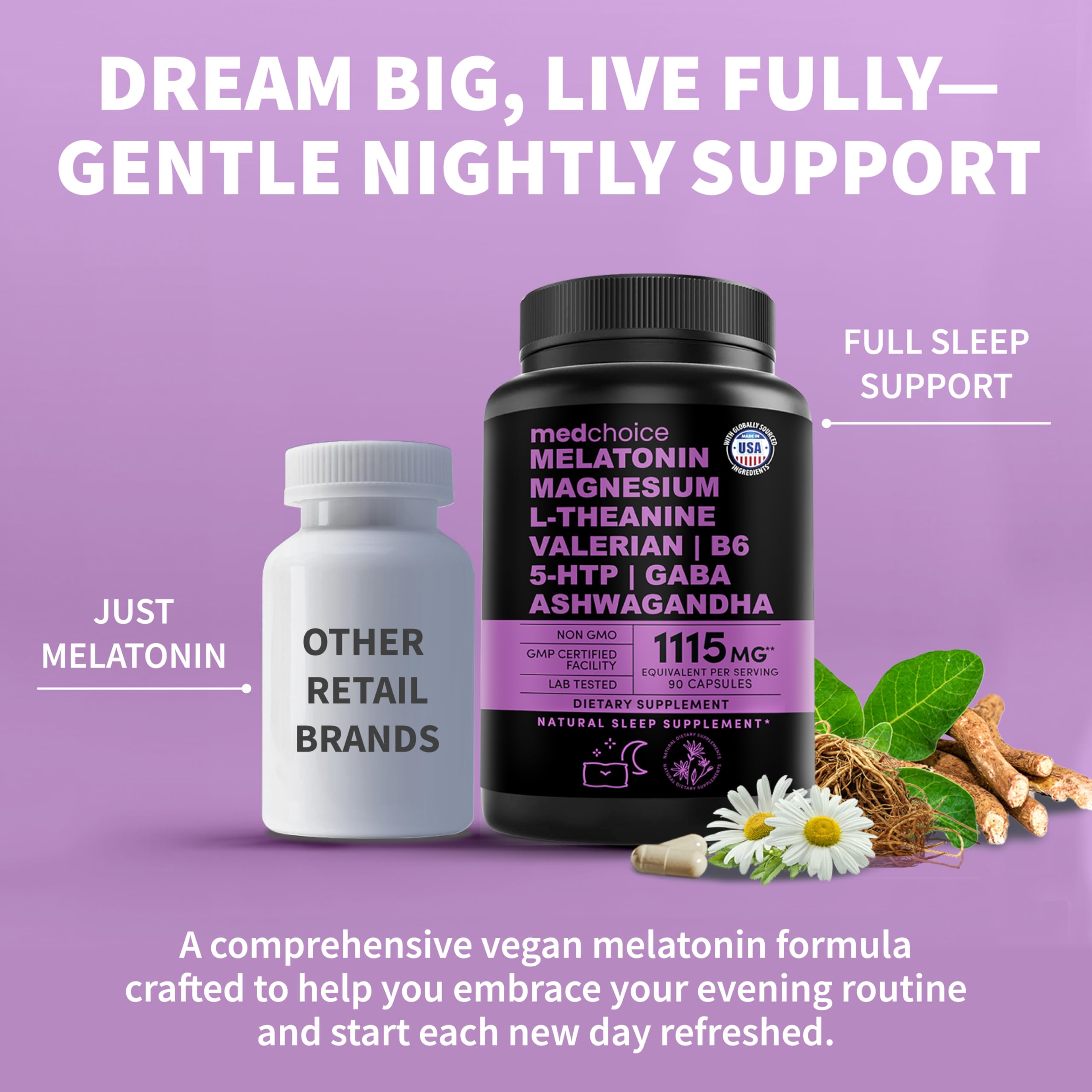 MEDCHOICE 12-in-1 Melatonin Sleep Capsules – Melatonin 5 mg + Magnesium Glycinate 500 mg (90 ct, Pack of 2)