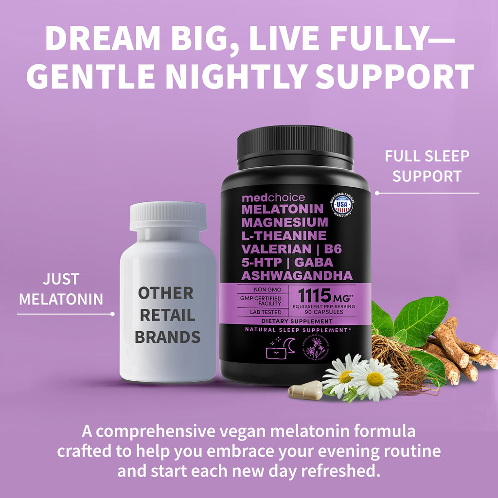 MEDCHOICE 12-in-1 Melatonin Sleep Capsules – 5 mg Melatonin & 500 mg Magnesium Glycinate (90ct, Pack of 3)