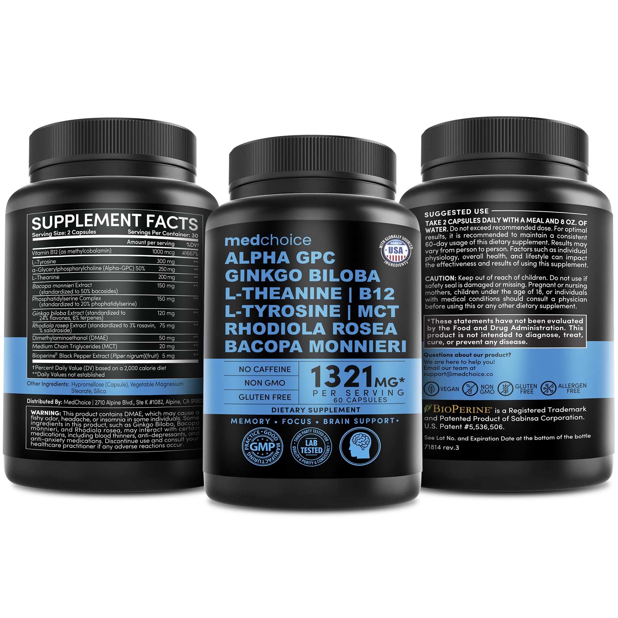 12-in-1 Nootropic Ginkgo Biloba for Brain Support - 60ct, Non-Caffeinated 1321mg