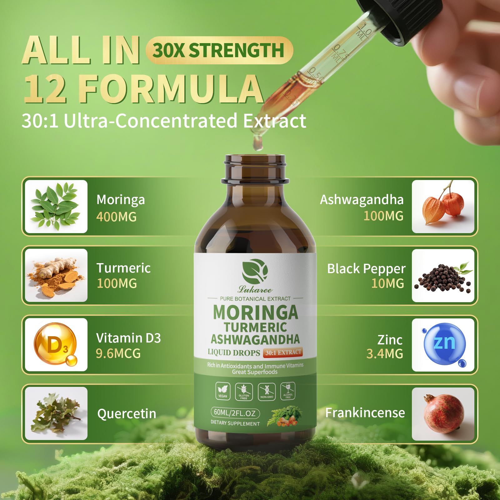 12-in-1 Organic Moringa Drops with Ashwagandha, Turmeric, Quercetin | 98% Absorption Liposomal 30:1 Extract for Energy Immunity Joints
