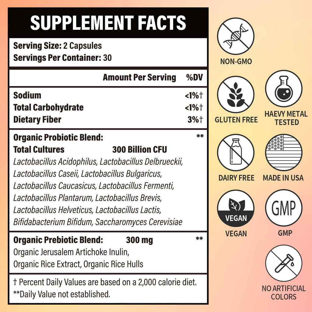 300 Billion CFU Probiotics - Gut Health, 12 Strains + Prebiotic, 60 Caps