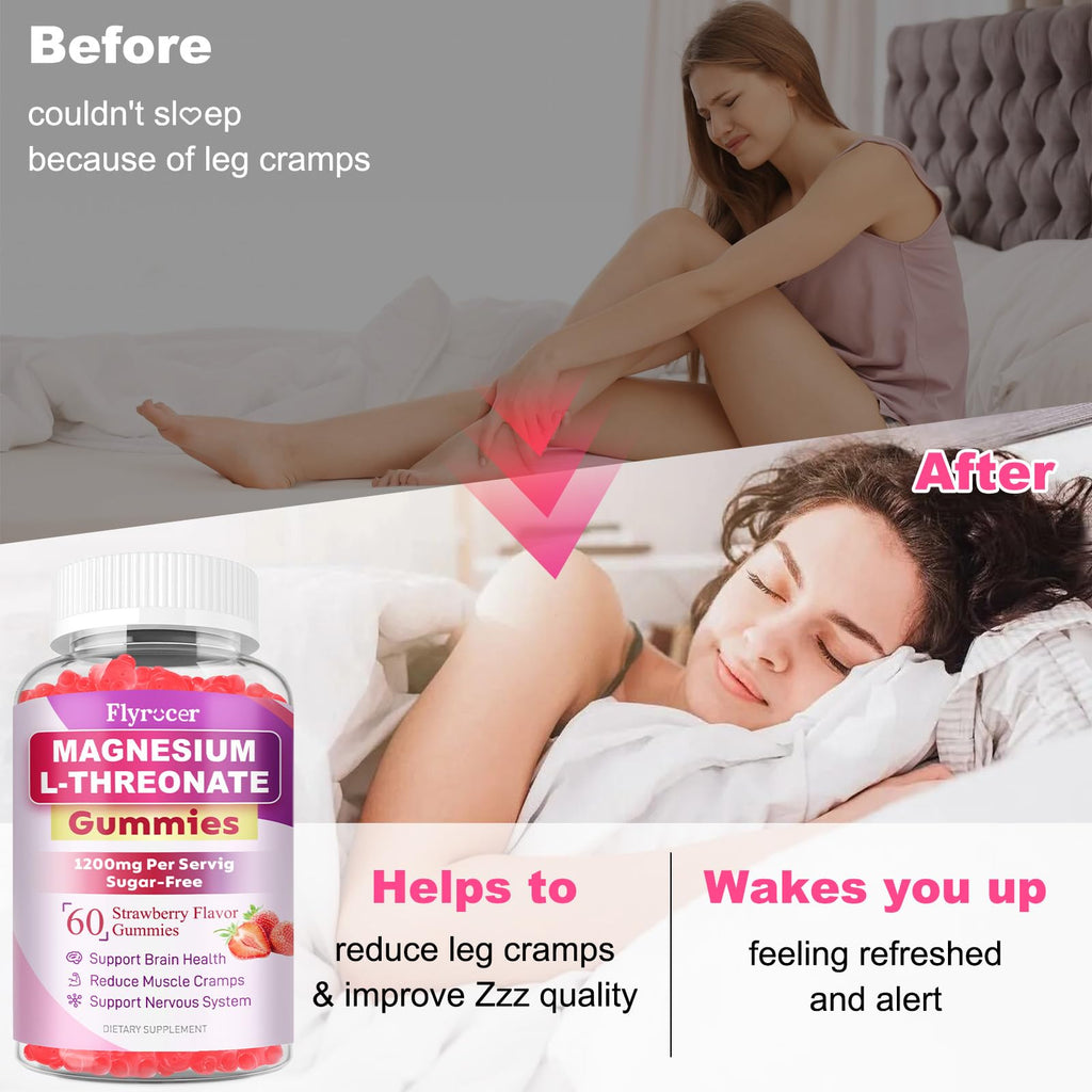 1200MG Magnesium L-Threonate Gummies - Magnesium Threonate Gummies Supplements for Kids & Adults, Support Cognitive Function, Brain & Nerves Health, Strawberry Flavor, 60 Count