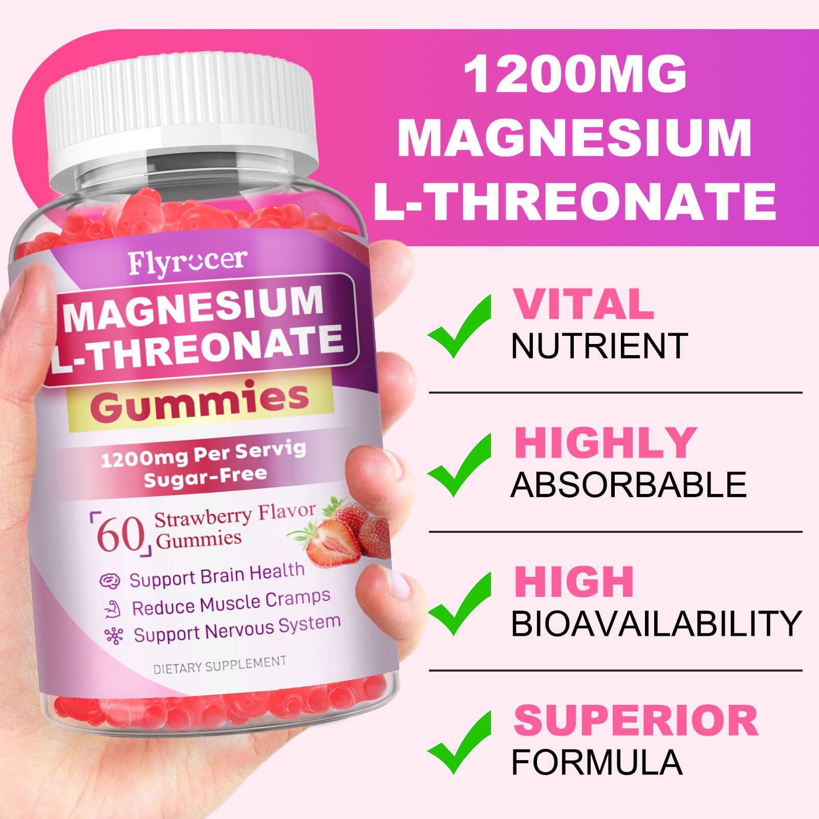 1200MG Magnesium L-Threonate Gummies - Magnesium Threonate Gummies Supplements for Kids & Adults, Support Cognitive Function, Brain & Nerves Health, Strawberry Flavor, 60 Count