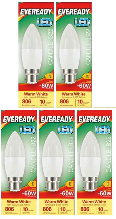 5 x Eveready Led Candle Bulb Warm White Bc 7.3W - Single