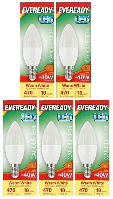 5 x Eveready Led Candle Bulb Warm Whites Ses 5.2W - Single