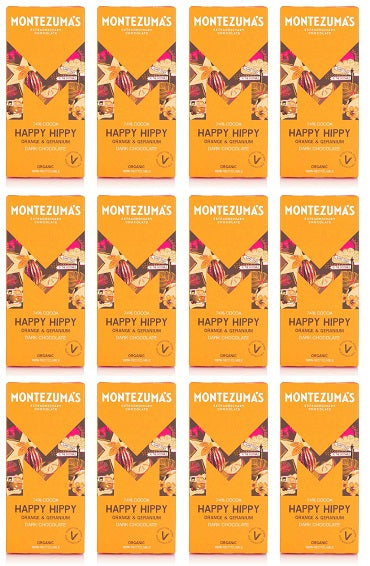 12 x Montezuma Happy Hippy - Dark with Orange & Geranium - 90g