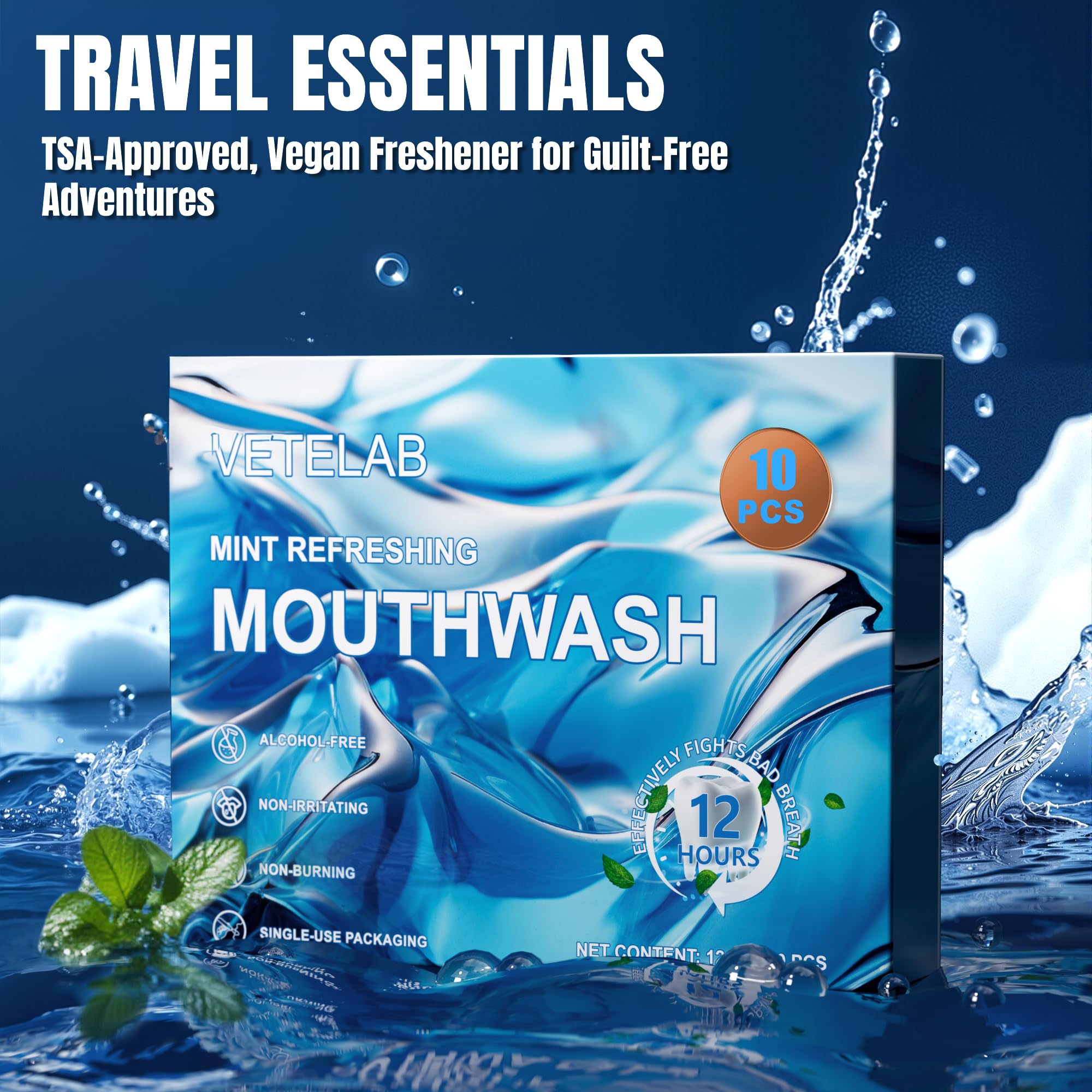 Portable Travel Size Mouthwash Packets – TSA-Approved 0.4oz Mini Mint Mouthwash (10-Pack, Alcohol & Fluoride-Free)