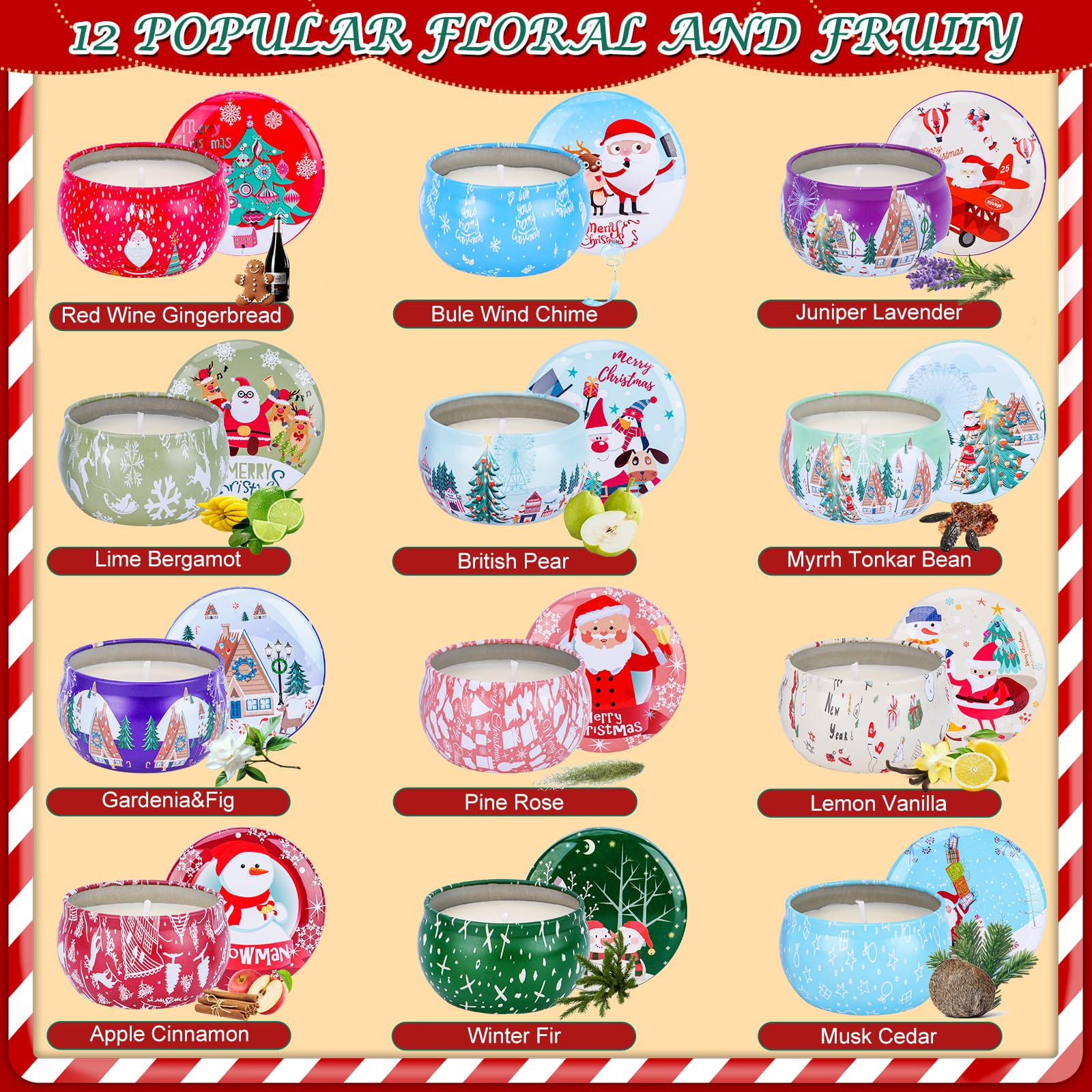 12PCS Christmas Scented Candles Gift Set for Women - Aromatherapy Soy Wax Candles (2.5oz Jars)
