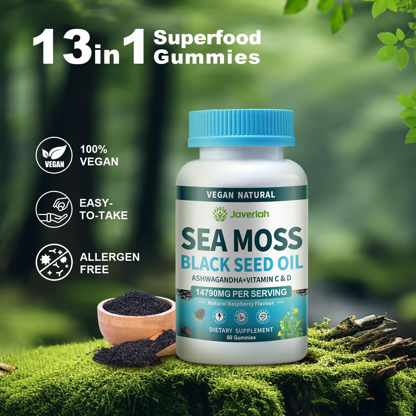 Vegan Ashwagandha Sea Moss Gummies - 60 Count | Immune Support, Digestive Health & 13-in-1 Bundle