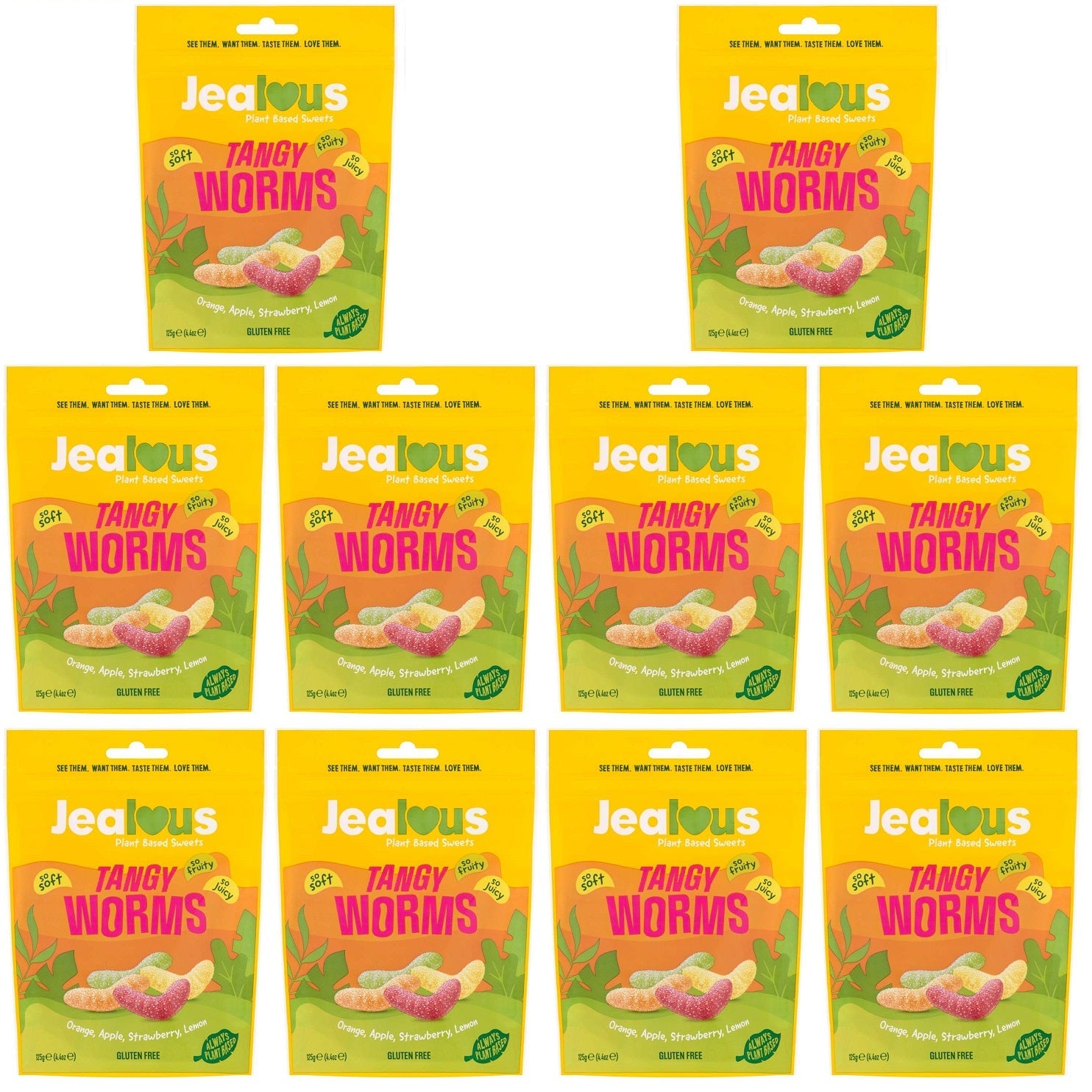 10 x Jealous Sweets Tangy Worms   Share Bag - 125g