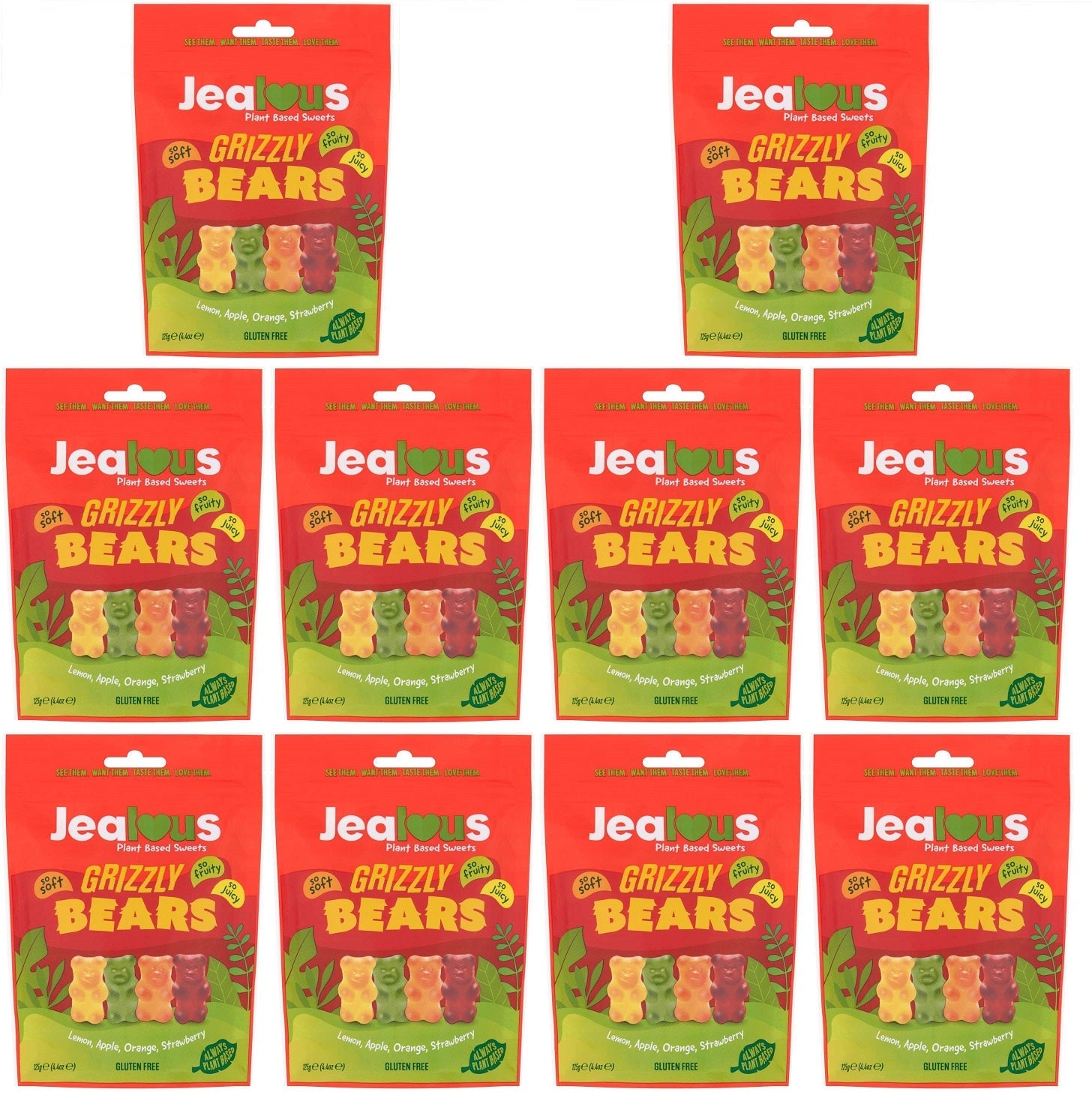 10 x Jealous Sweets Grizzly Bears   Share Bag - 125g