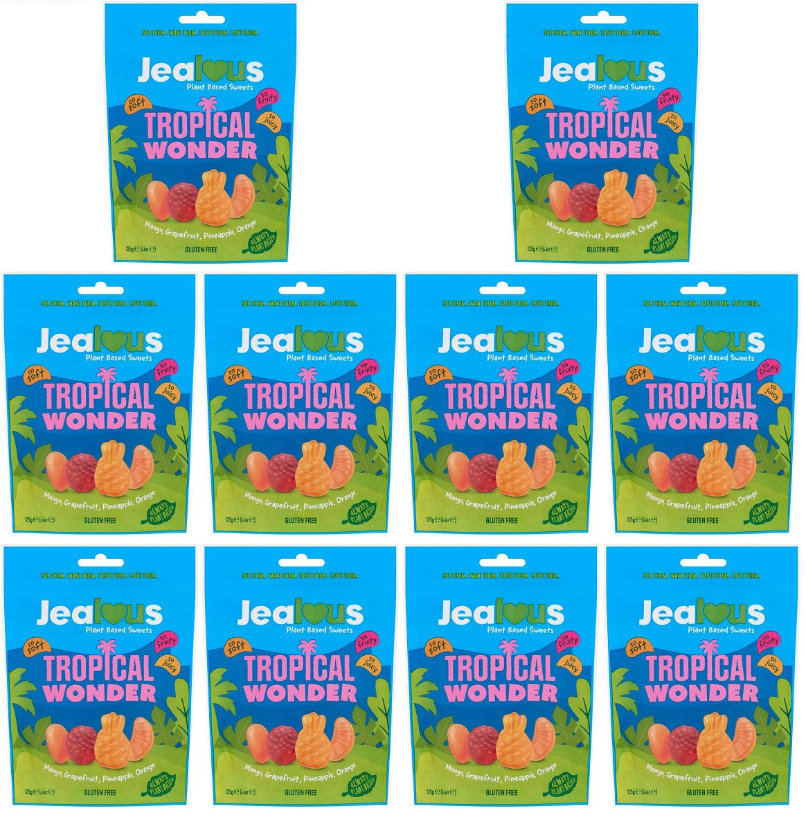 10 x Jealous Sweets Tropical Wonder   Share Bag - 125g