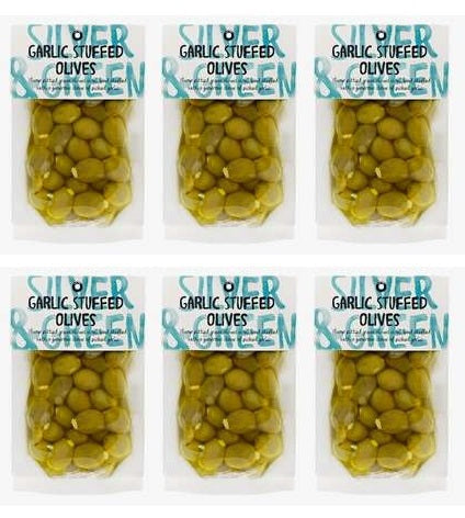 6 x Silver & Green Garlic Stuffed Olives - 220g