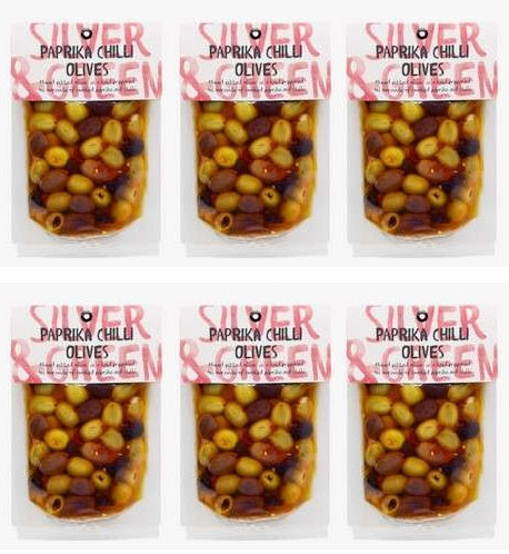 6 x Silver & Green Paprika Chilli Olives - 220g