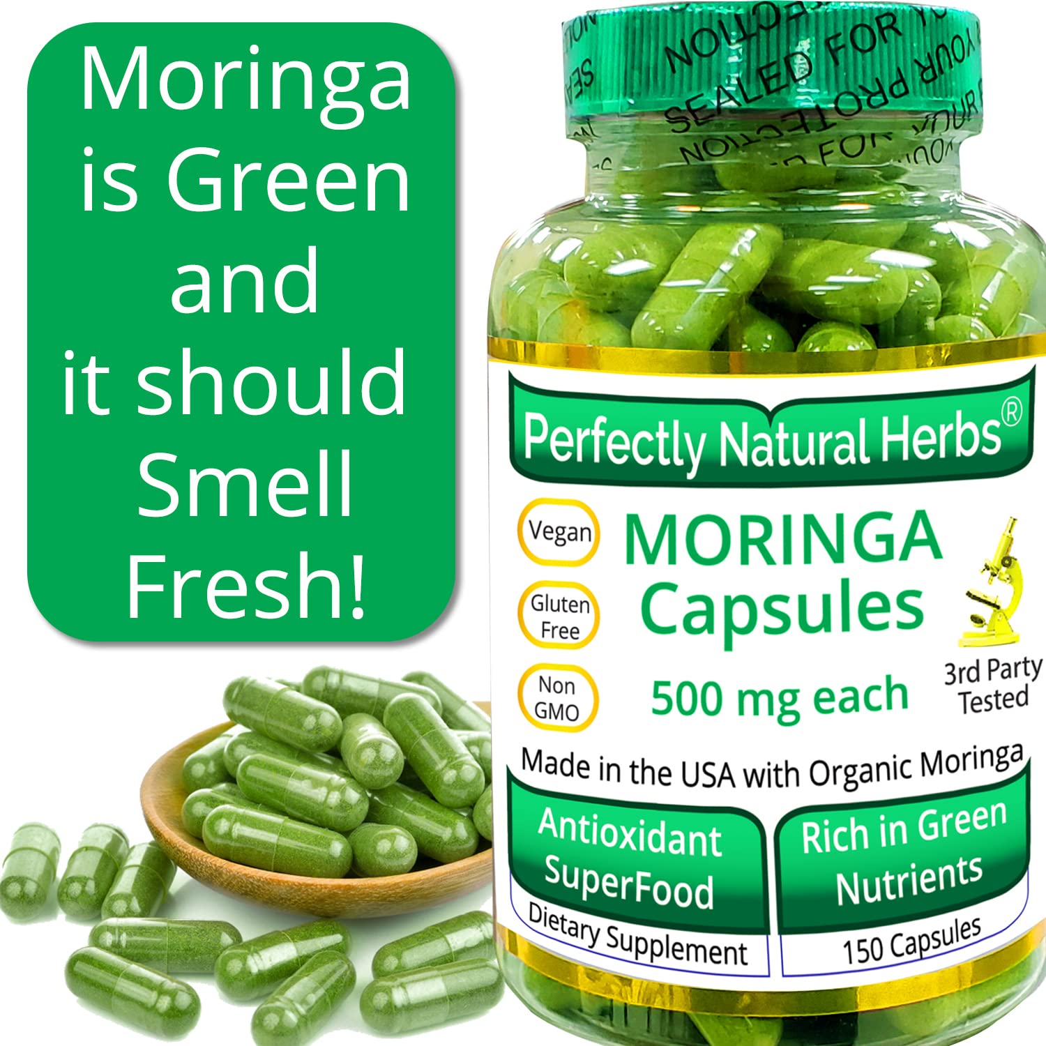 150 Moringa Capsules - USDA Organic Moringa Leaf Powder 500mg Each