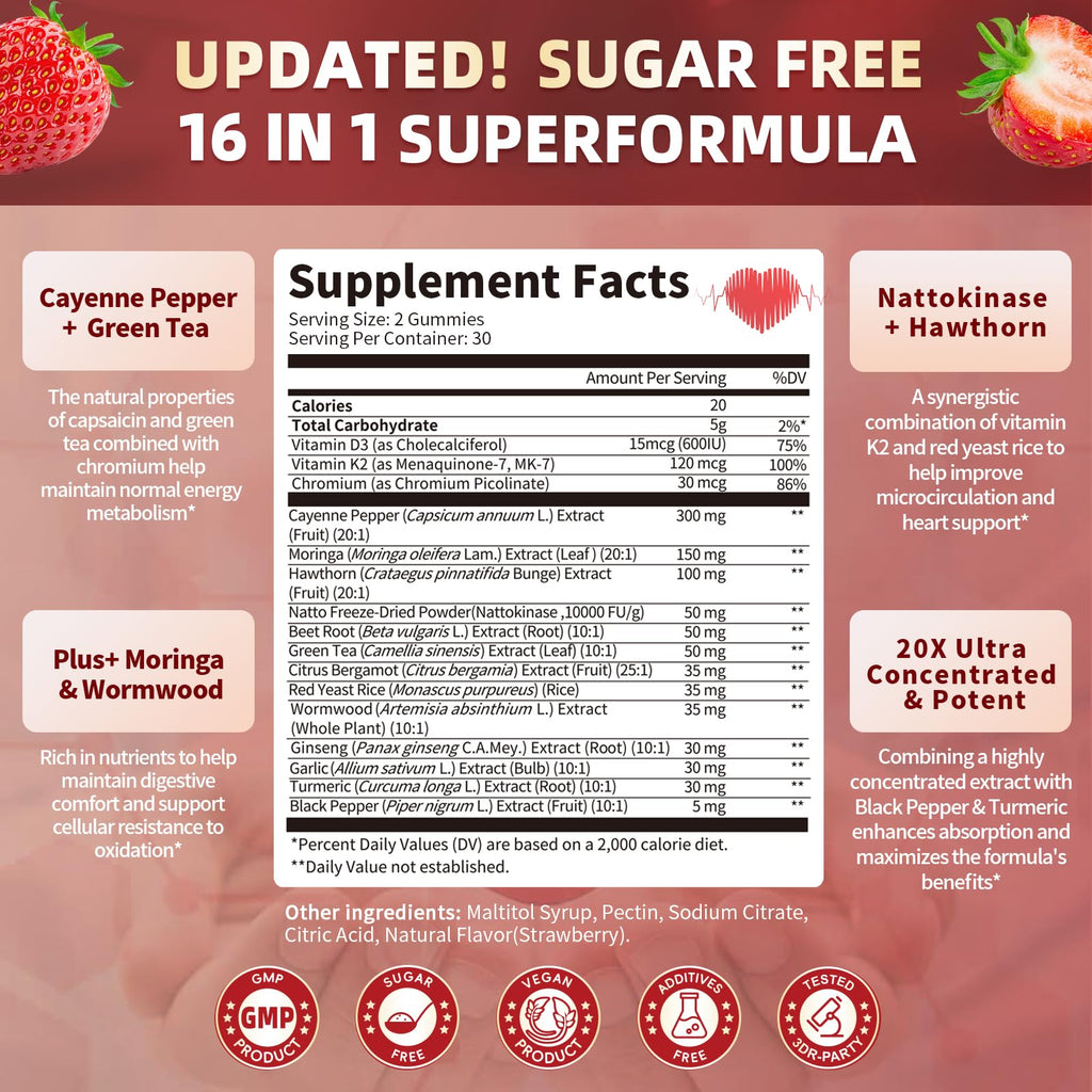 16 in 1 Cayenne Pepper Gummies - Sugar-Free 60 CT | Capsaicin Complex with Moringa, Hawthorn, Beet Root, Wormwood & Citrus Bergamot