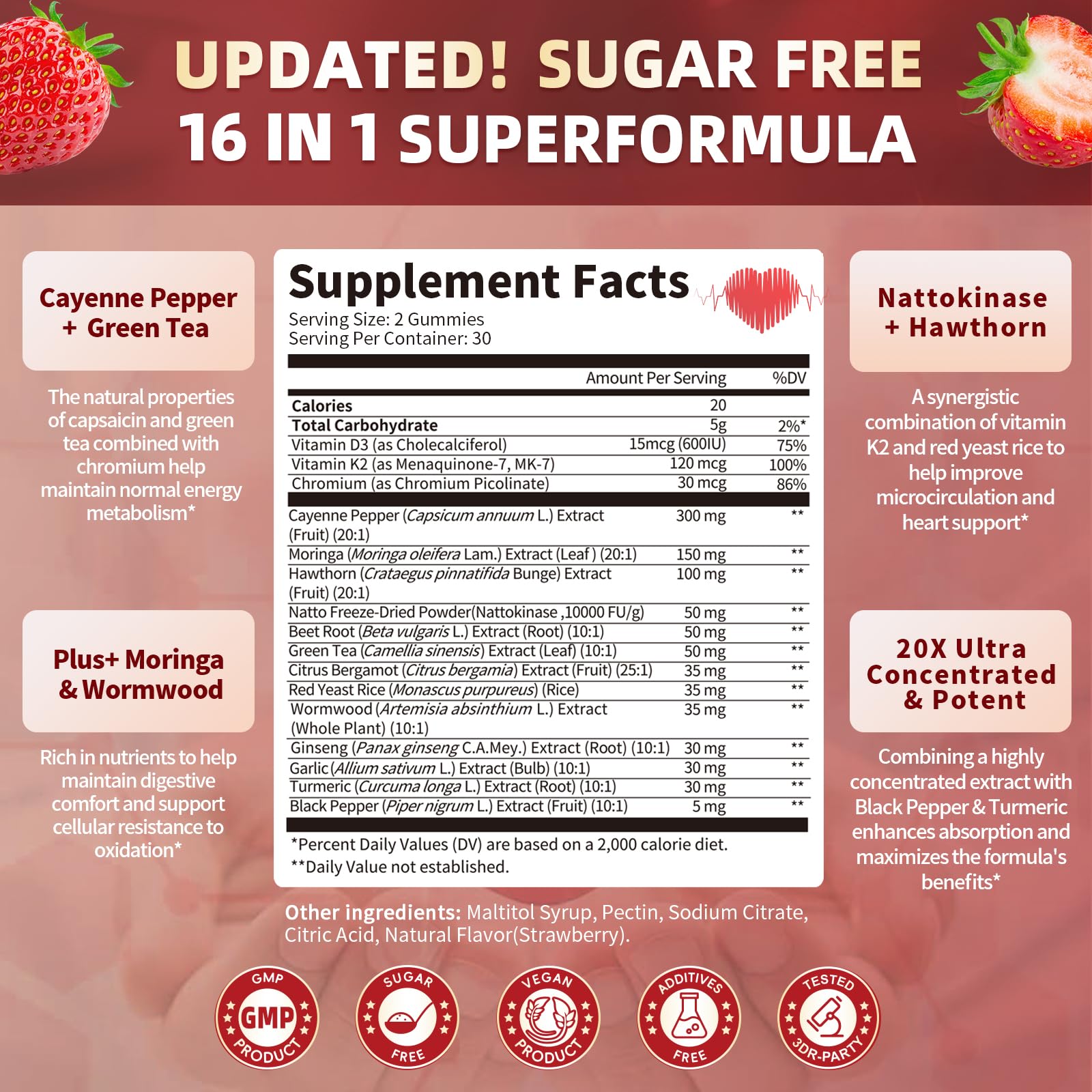 16 in 1 Cayenne Pepper Gummies - Sugar-Free 60 CT | Capsaicin Complex with Moringa, Hawthorn, Beet Root, Wormwood & Citrus Bergamot