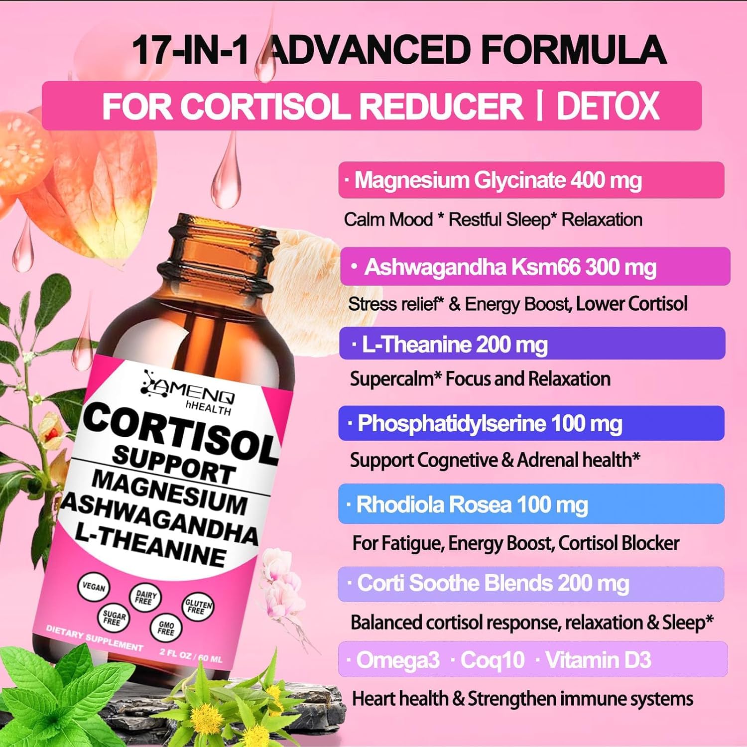 Cortisol Liquid Drops – 17-in-1 Cortisol Reducer with KSM-66, Ashwagandha & Theanine