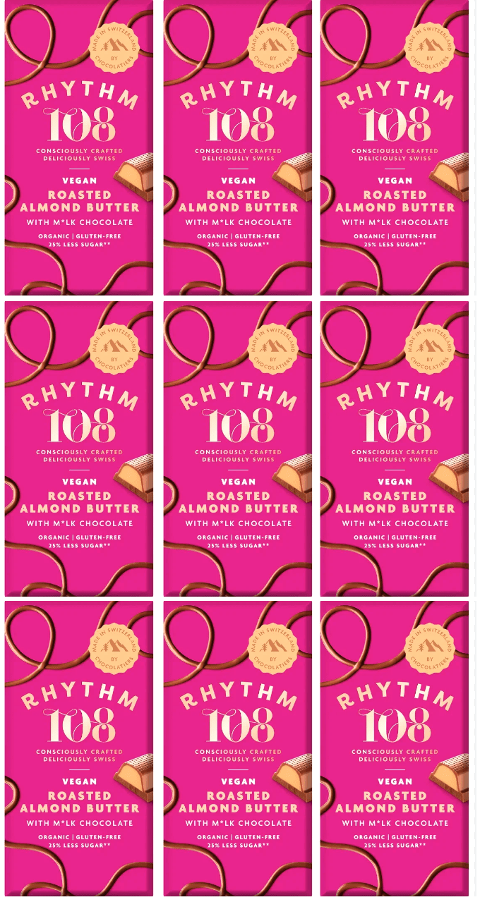 9 x Rhythm 108 Roasted Almond Butter Tablet M'lk Choc - 100g