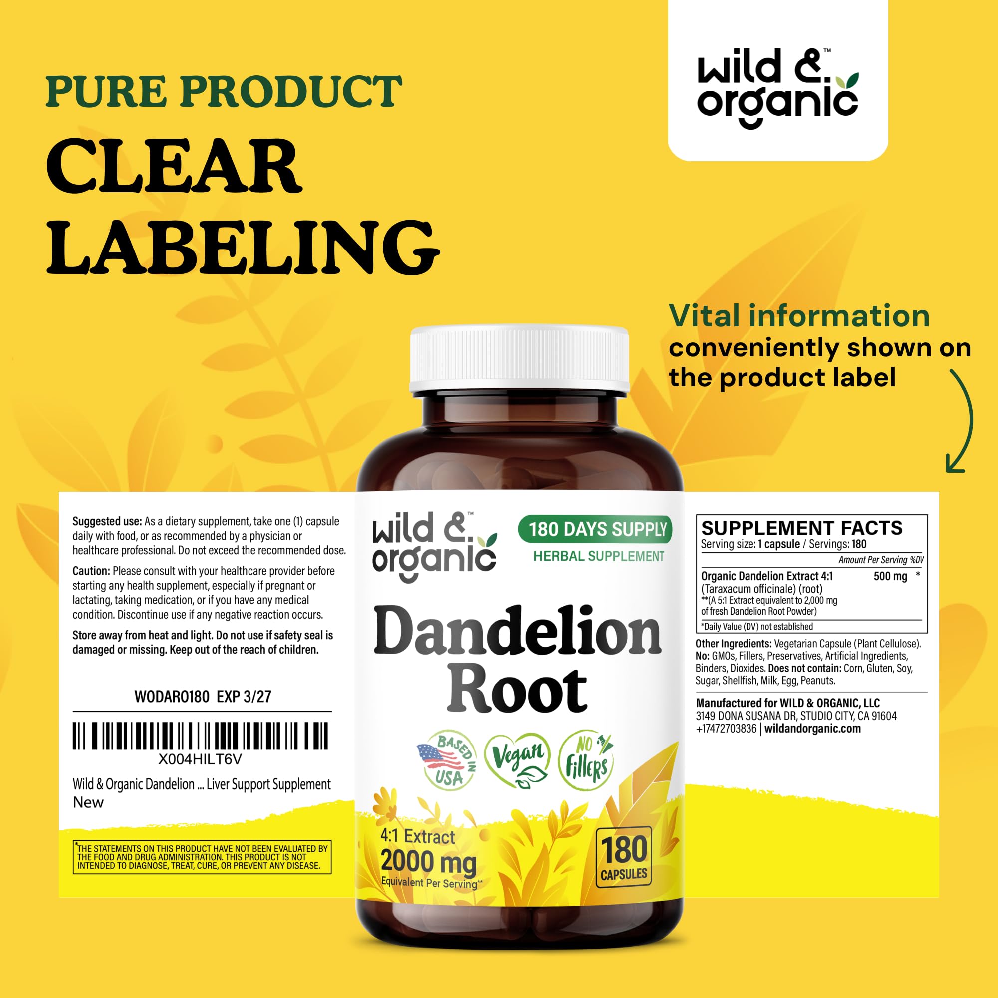 Wild & Organic Dandelion Root Capsules – 2000 mg per Capsule, Liver Support
