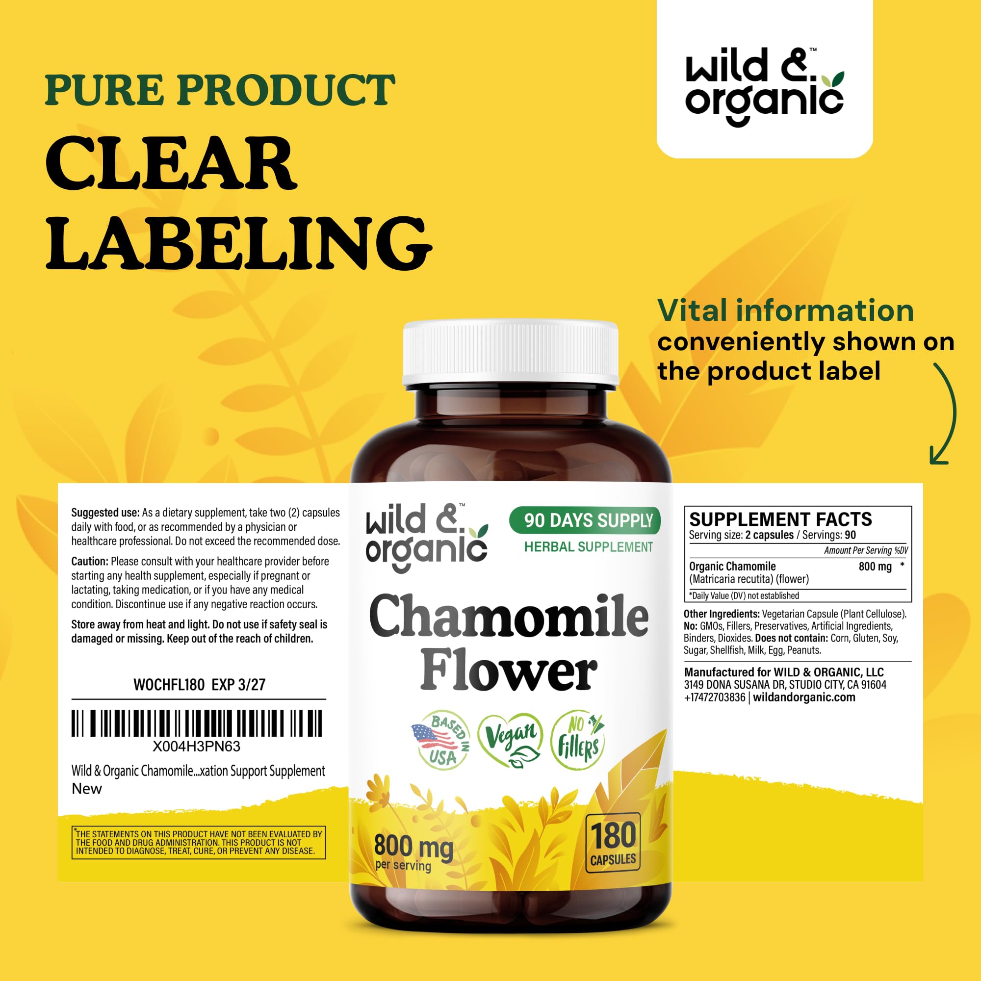 Wild & Organic Chamomile Extract Capsules 800 mg - 180 Count | Relaxation & Digestive Support