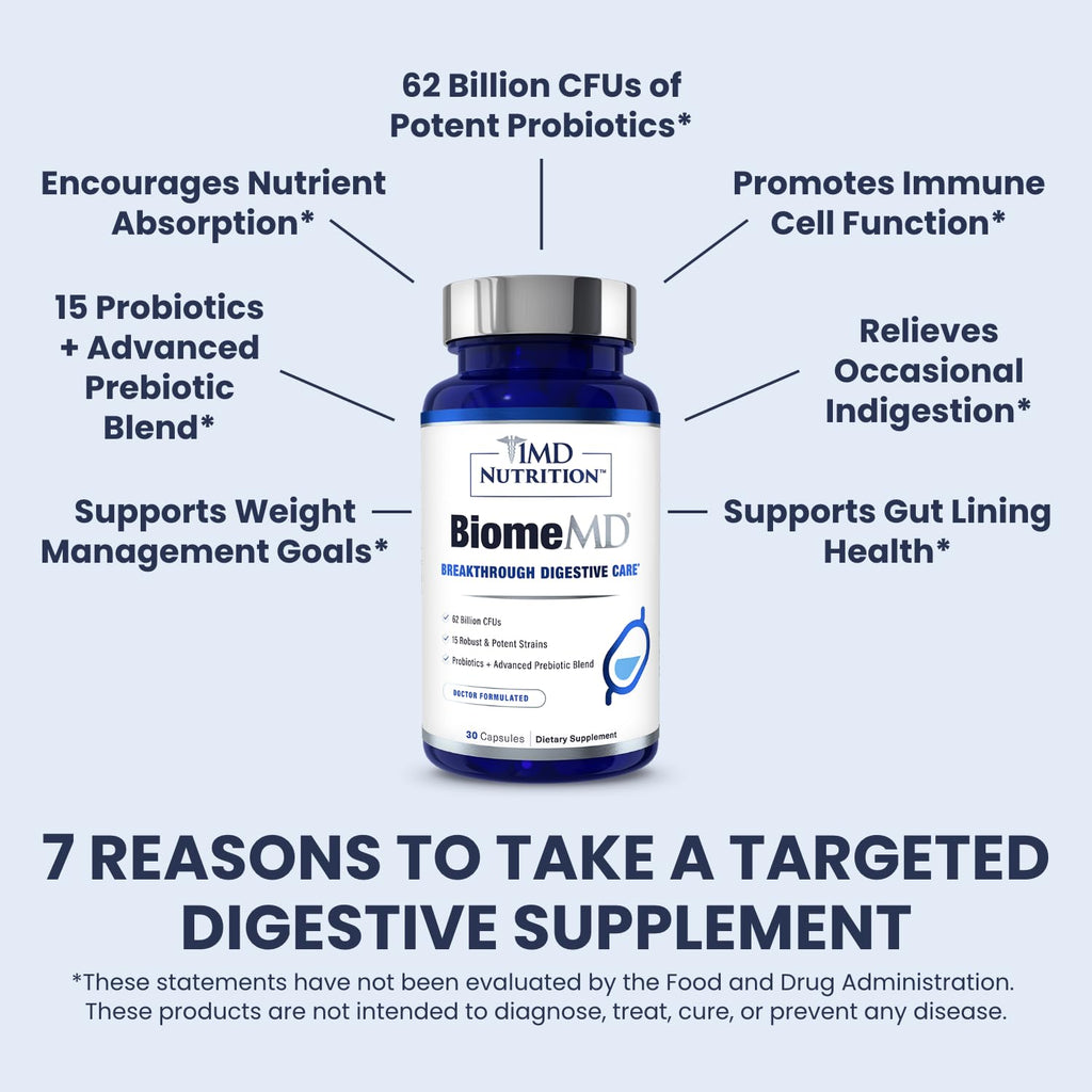 BiomeMD Probiotics by 1MD Nutrition — 62B CFUs, 15 Strains + Prebiotics | Digestive & Immune Support | 60 Capsules