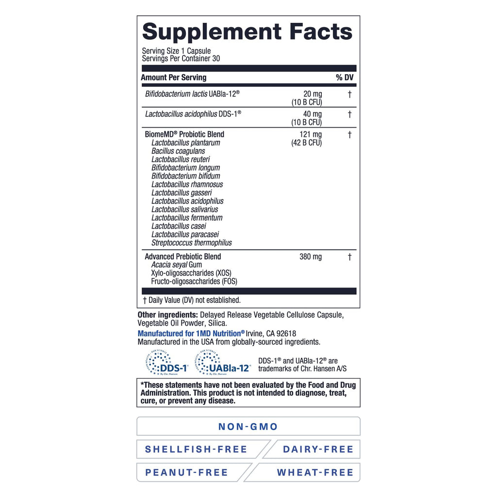 BiomeMD Probiotics by 1MD Nutrition | 62B CFUs, 15 Strains + Prebiotics | Digestive & Immune Support | 30 Capsules