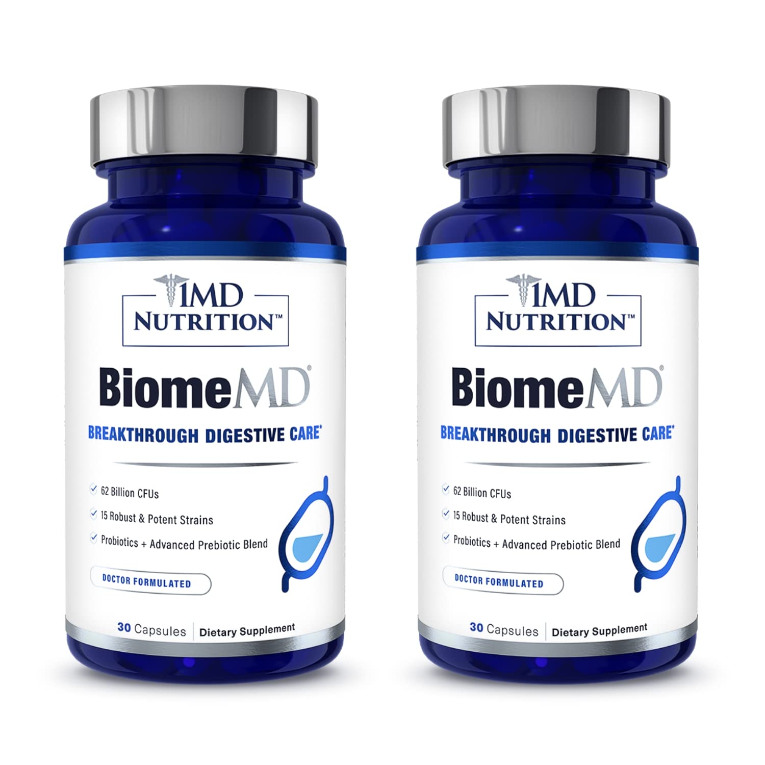 BiomeMD Probiotics by 1MD Nutrition — 62B CFUs, 15 Strains + Prebiotics | Digestive & Immune Support | 60 Capsules