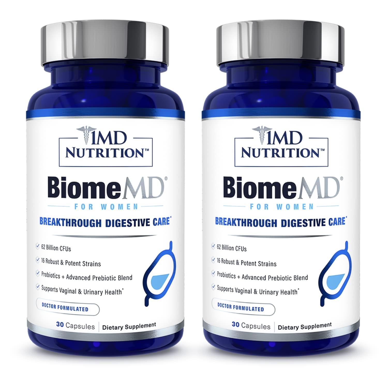 BiomeMD Probiotics for Women — 62B CFUs, 16 Strains + Prebiotics | Doctor-Formulated | 2-Pack