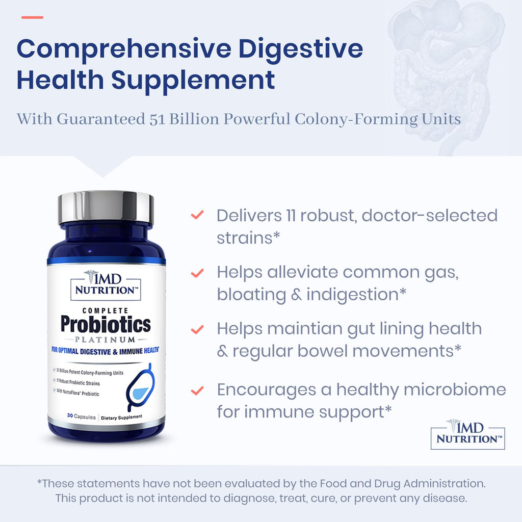 1MD Complete Probiotics Platinum | 51 Billion CFU, 11 Strains, Dairy-Free | Digestive Health Support | 3-Pack