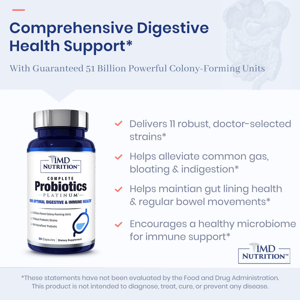 1MD Complete Probiotics Platinum | 51 Billion CFU, 11 Strains, Dairy-Free | Digestive & Immune Support | 2-Pack