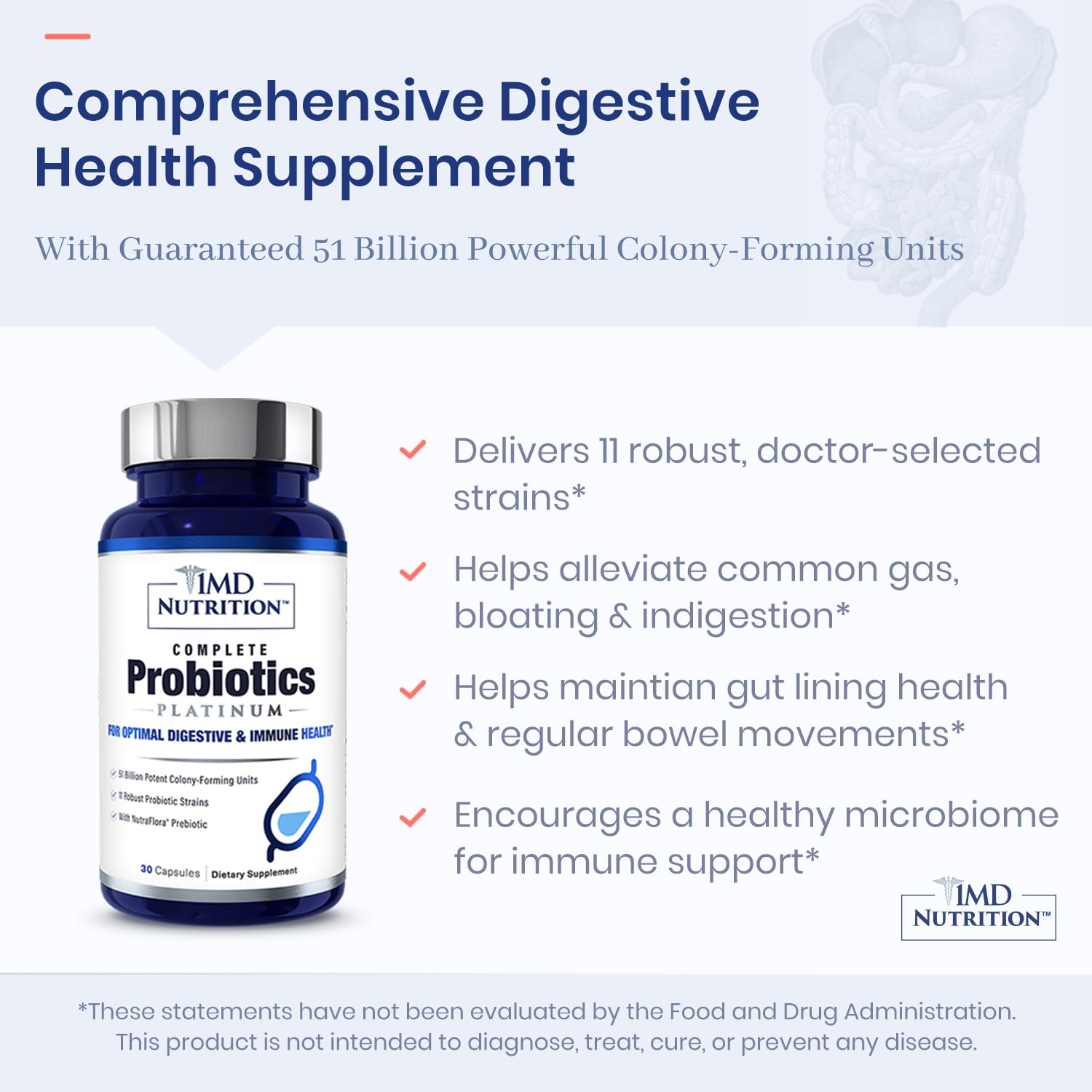 1MD Complete Probiotics Platinum | 51 Billion CFU, 11 Strains, Dairy-Free | Digestive Health Support | 3-Pack